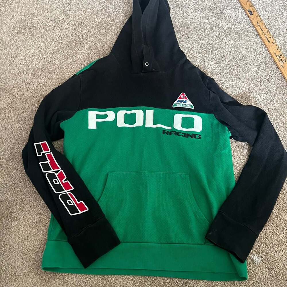 Polo Ralph Lauren Racing Waffle-Knit Hoodie Size M Black Green Stadium 92